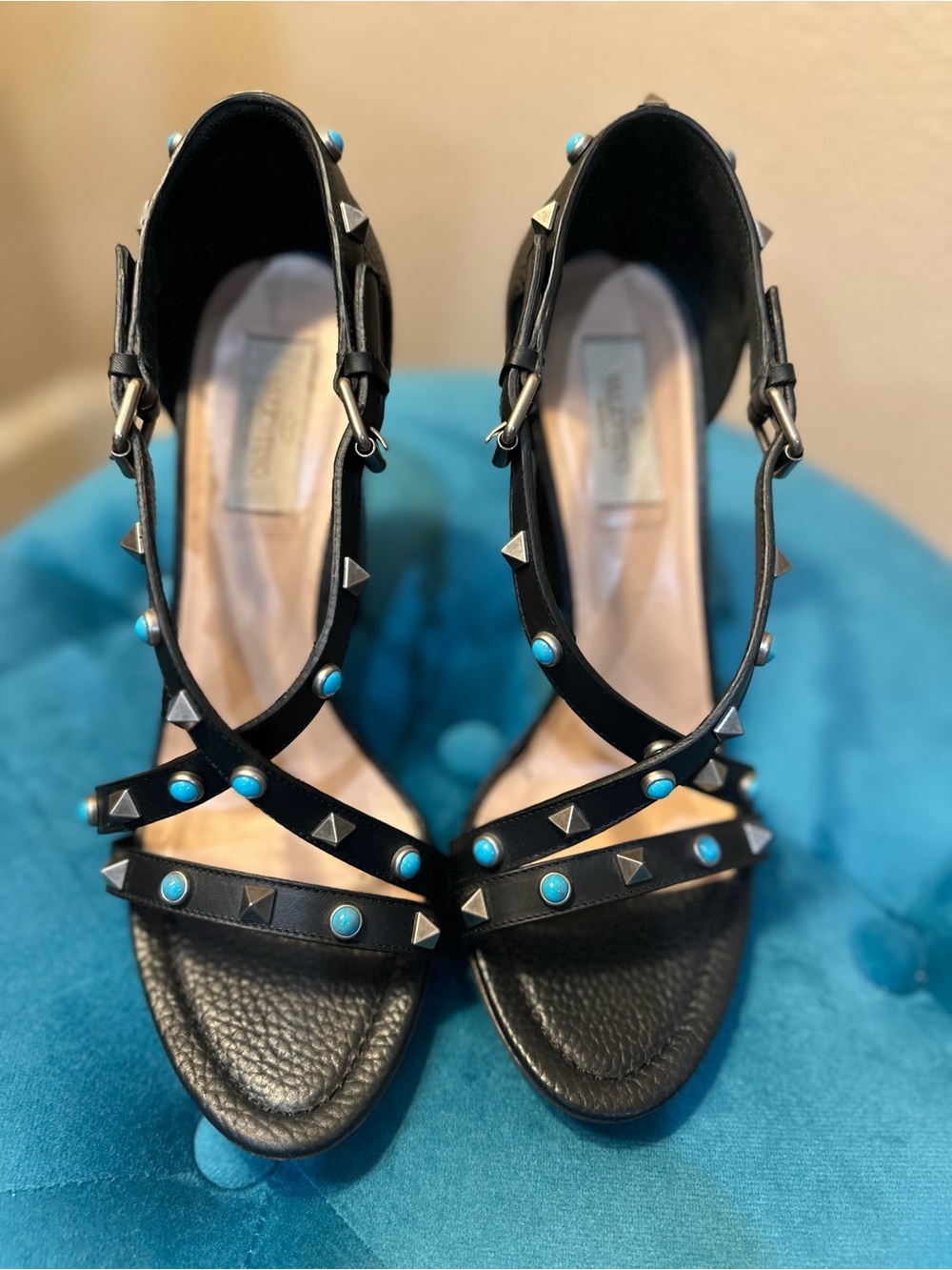 Valentino Black Rockstud Block Heel Sandals with Turquoise Cabochon Accents